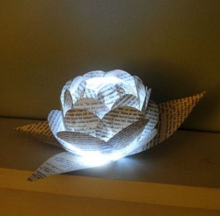 the book pages paper flower centrepiece with led light by naturally heartfelt