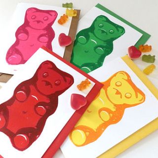 pack of four gummy bear linocut cards by woah there pickle