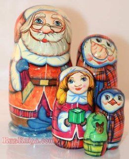 Nesting 7.6" Doll Stacking Matryoshka SANTA CLAUS [Height 7.6 inches (19 cm). Materials linden wood, gouache, lacquer; Made in Russia. Kirov; "Art Alyans." 5 pieces] [In Russian culture, the New Year is the ultimate celebration of the holi
