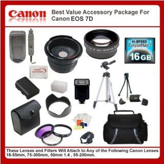 Best Value Accessory Package For Canon EOS 7D includes 16GB Hi Speed Error Free Memory Card, Hi Speed Card Reader, Extended Life Battery & Charger, Hard Flower lens Hood, 0.5x Professional Wide Angle Lens, 2X Telephoto Lens, 50 Inch tripod, Digital Vi