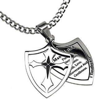 Christian Mens Stainless Steel Abstinence 2 Piece Shield Man of God "Man of God   Man of God Pursue Righteousness, Godliness, Faith, Love, Perseverance and Gentleness" 1 Timothy 611 Purity Necklace on a 24" Curb Chain for Boys   Guys Purit