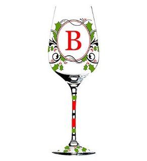 Hand Painted Monogrammed Holiday Wine Glass with Red and Green Holly in Letter B Kitchen & Dining