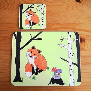 fox and tree placemat and coaster set by superfumi