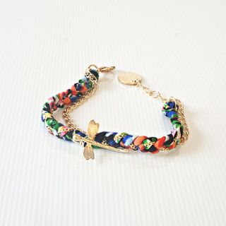 dragonfly charm bracelet with plaited fabric by norigeh