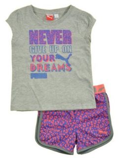Puma Girls S/S Gray Never Give Up On Your Dreams Top 2pc Animal Print Short Set Clothing