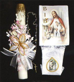 Boxed First Communion Gift Set   SPANISH   Rosary   Bible   Candle , Girl   With Rosary Purse Jewelry