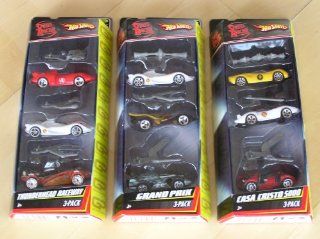 Speed Racer   9 Hotwheel Cars Total. You get 3 sets of 3   Target Exclusive 3 Pack with Accesories. The 3 packs are as follows Grand Prix, Thunderhead Raceway, Casa Cristo 5000. Cars Include Mach 5, Mach 6, Mach 4, Snake Oiler, GRX, Gray Ghost, Racer X, T