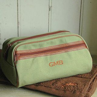 personalised green fabric wash bag by the alphabet gift shop