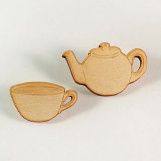 teacup and teapot wooden brooches by vivid please