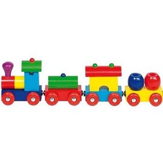 brightly coloured wooden train toy by sleepyheads