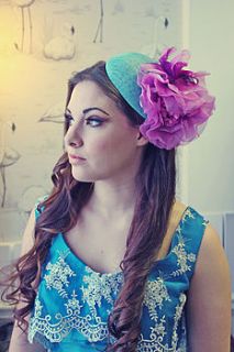 purple and aqua wedding guest hat by holly young headwear