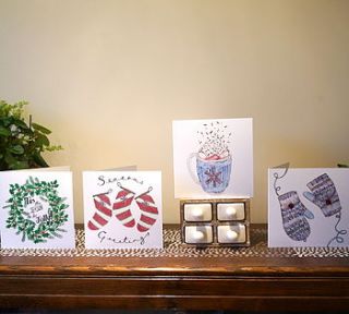 pack of four illustrated festive cards by charlotte vallance illustration & design