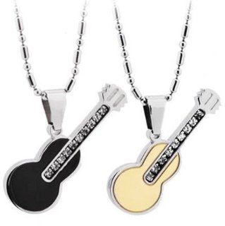 His & Hers Matching Set Titanium Couple Pendant Necklace Violin Guitar Stylish Korean Love Style in a Gift Box (His (Black)) Locket Necklaces Jewelry