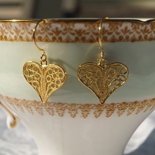 22k gold plated filigree heart earrings by begolden