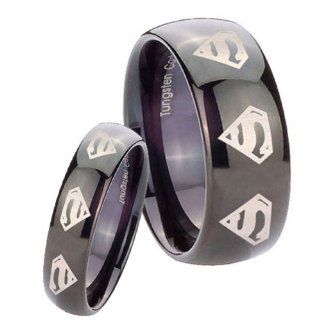 His and Hers 2pcs Tungsten 8 Superman Shiny Black Dome Ring Set Size 4, 7 Jewelry