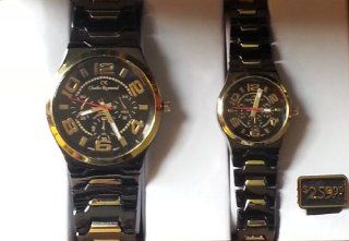 Charles Raymond His & Hers Designer Elegant Black & Gold Watch Set with Gold Face 
