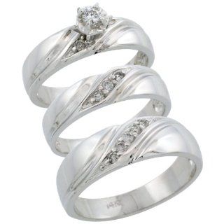 14k White Gold 3 Piece Trio His (7mm) & Hers (5mm) Diamond Wedding Ring Band Set w/ 0.27 Carat Brilliant Cut Diamonds; Ladies Size 8.5 Jewelry