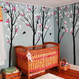 five trees with birds wall sticker by wall art