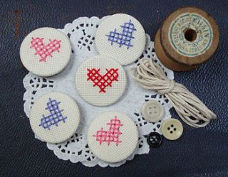 heart cross stitch button badge by zeena