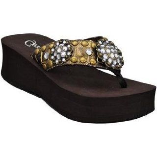 Grazie Trapani Gold Ant Sandals M 11 Ladies Flip Flops Brown Wedge Sole Round Antique Conchos Clear Crystals Bronze Studs Shoes
