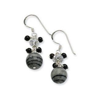Sterling Silver Crystal/Onyx & Zebra Jasper Dangle Earrings Jewelry