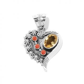 Chaco Canyon Couture 6ct Citrine and Coral "Heart" Sterling Silver Pendant