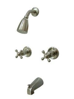 Kingston Brass KB248AX Twin Handle Tub and Shower Faucet with Decor Cross Handle, Satin Nickel    