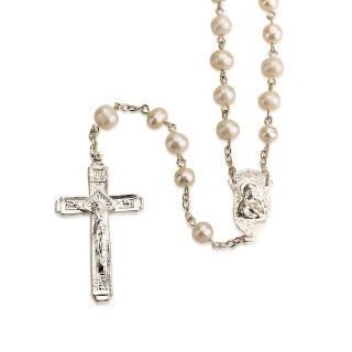 Rosary Necklace Round 7mm Pearl Beads with Cross Crucifix Made in the Holy Land + Gift Box Pendant Necklaces Jewelry