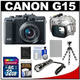 Canon PowerShot G15 Digital Camera (Black) with WP DC48 Waterproof Case + 32GB Card + Battery + Torch + Flex Tripod + Accessory Kit  Point And Shoot Digital Camera Bundles  Camera & Photo