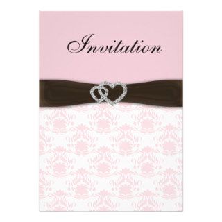 mocha and pink damask  wedding invitation