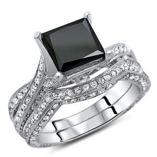 14k White Gold 3 2/5ct TDW Certified Black Diamond Princess Cut Ring (G H, SI1 SI2) Engagement Rings