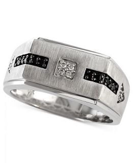 Gento by EFFY Mens Black Diamond (1/10 ct. t.w.) and Diamond Accent Flat Top Ring in 14k White Gold   Rings   Jewelry & Watches