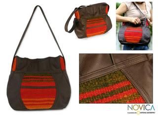 Leather and Wool 'Cajamarca Sunset' Large Hobo Bag (Peru) Novica Shoulder Bags