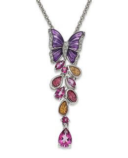 Sterling Silver Necklace, Topaz (1 5/8 ct. t.w.) and Multi Color Enamel Butterfly Pendant   Necklaces   Jewelry & Watches