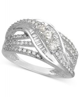 14k White Gold Ring, Diamond Baguette and Round Cut Crossover Ring (1 ct. t.w.)   Rings   Jewelry & Watches
