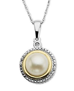 14k Gold and Sterling Silver Necklace, Cultured Freshwater Pearl and Diamond Accent Pendant   Necklaces   Jewelry & Watches