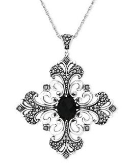 Genevieve & Grace Sterling Silver Necklace, Faceted Onyx and Marcasite Gothic Cross Pendant   Necklaces   Jewelry & Watches