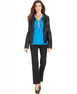 Alfani Faux Leather Jacket, Cap Sleeve Jewel Top & Skinny Pants   Women