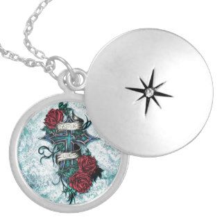 Faith in Love cross and roses in tattoo style. Necklaces