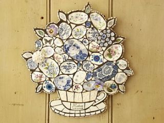 blue and ivory crockery mosaic wall art by anna tilson