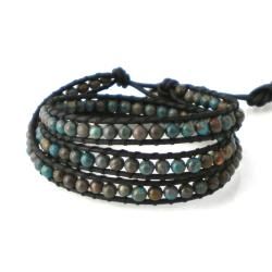 Blue Green Forest Agate Stones Triple Wrap Leather Bracelet (Thailand) Bracelets