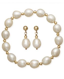 Pearl Jewelry Set, 14k Gold Cultured Freshwater Pearl Bracelet and Earrings Set   Jewelry & Watches