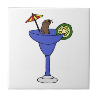 Funny Sea Otter in Blue Margarita Drink Ceramic Tile