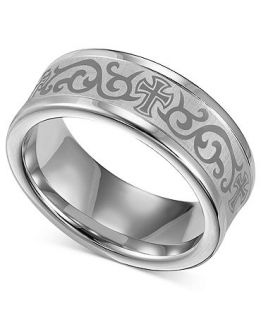 Mens White Tungsten Ring, Laser Detailed Scroll and Cross Wedding Band   Rings   Jewelry & Watches