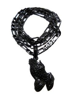 New Iced Out Jet Black 3D Praying Hands Pendant w/5mm 24" Figaro Chain Necklace MSP228BP Jewelry