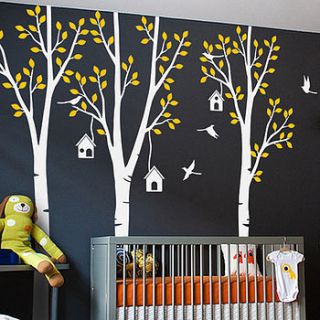 three trees with birds and birdhouse sticker by wall art