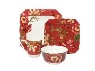 222 5th Fleur Rouge 16 Piece Dinnerware Square Service for 4 Dinnerware Sets Kitchen & Dining