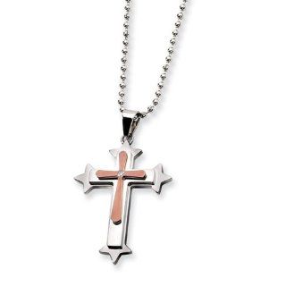 Stainless Steel, Chocolate Accent and Cubic Zirconia Cross Necklace Jewelry