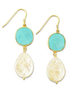 18k Gold over Sterling Silver Earrings, Cultured Freshwater Pearl (13mm x 17mm) and Turquoise (7 5/8 ct. t.w.) Drop Earrings   Earrings   Jewelry & Watches