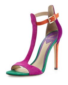 B Brian Atwood Leigha Suede T Strap Sandal, Red/Green
